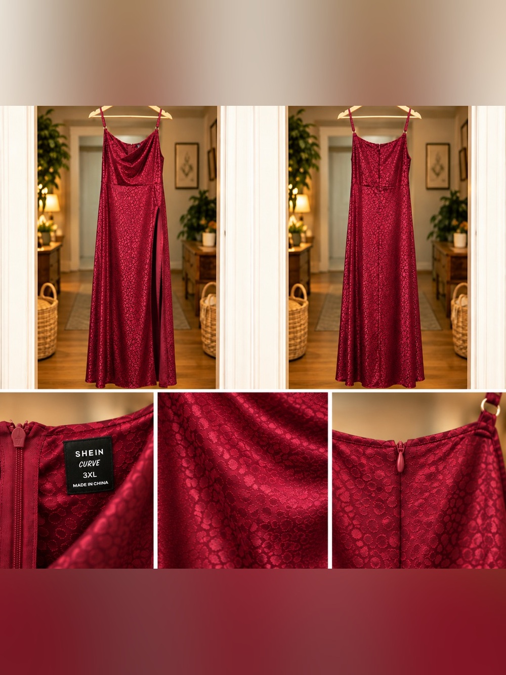 SHEIN Curve Burgundy Lace-Texture Satin Slip Dress